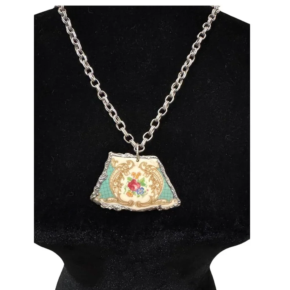 Vintage Floral Broken China Pendant Artisan Handcrafted Cabochon and Necklace